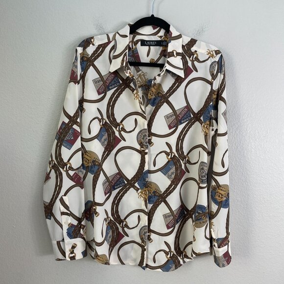 Lauren Ralph Lauren Womens Large Classic Fit Belting print Crepe Shirt Blouse - Picture 7 of 14